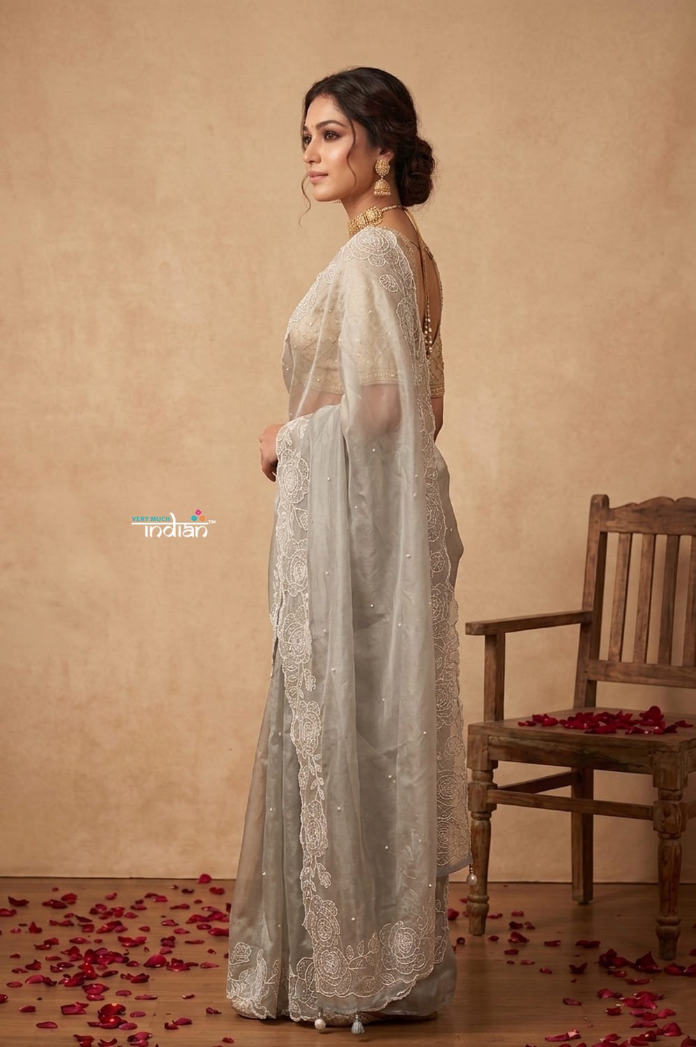 Ganga Ghat ~ Banarasi Organza Saree with Handcrafted Beadwork In Bluish Grey - verymuchindian.com