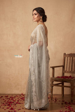 Ganga Ghat ~ Banarasi Organza Saree with Handcrafted Beadwork In Bluish Grey - verymuchindian.com