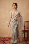 Ganga Ghat ~ Banarasi Organza Saree with Handcrafted Beadwork In Bluish Grey - verymuchindian.com