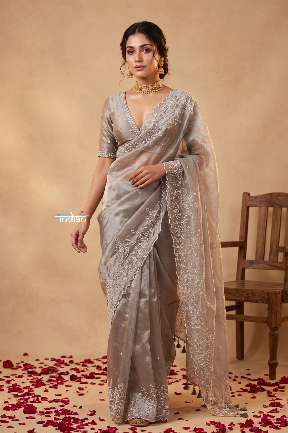 Ganga Ghat ~ Banarasi Organza Saree with Handcrafted Beadwork In Cloud Grey - verymuchindian.com