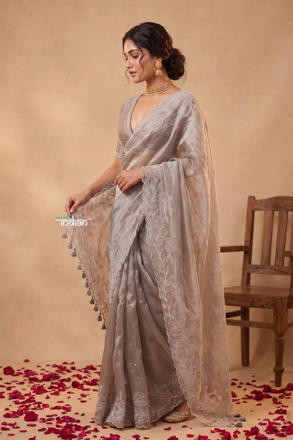 Ganga Ghat ~ Banarasi Organza Saree with Handcrafted Beadwork In Cloud Grey - verymuchindian.com
