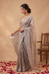 Ganga Ghat ~ Banarasi Organza Saree with Handcrafted Beadwork In Cloud Grey - verymuchindian.com