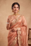 Ganga Ghat ~ Banarasi Organza Saree with Handcrafted Beadwork In Peach - verymuchindian.com