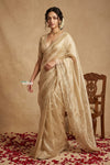 Ganga Ghat ~ Banarasi Organza Saree with Handcrafted Beadwork In Stale Ivory - verymuchindian.com