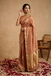 Ganga Ghat ~ Banarasi Pure Handloom Silk Saree with Bird and Classic Gold Zari Borders In Copper Peach - verymuchindian.com