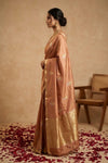 Ganga Ghat ~ Banarasi Pure Handloom Silk Saree with Bird and Classic Gold Zari Borders In Copper Peach - verymuchindian.com