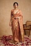 Ganga Ghat ~ Banarasi Pure Handloom Silk Saree with Bird and Classic Gold Zari Borders In Copper Peach - verymuchindian.com