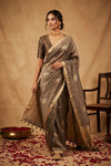 Ganga Ghat ~ Banarasi Pure Handloom Silk Saree with Bird and Subtle Gold Zari Borders In Antique Bronze - verymuchindian.com