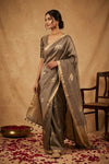 Ganga Ghat ~ Banarasi Pure Handloom Silk Saree with Bird and Subtle Gold Zari Borders In Antique Bronze - verymuchindian.com