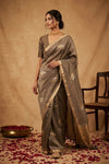 Ganga Ghat ~ Banarasi Pure Handloom Silk Saree with Bird and Subtle Gold Zari Borders In Antique Bronze - verymuchindian.com