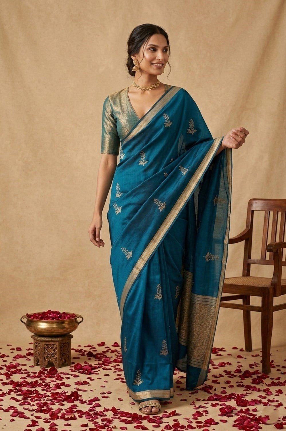 Ganga Ghat ~ Banarasi Pure Handloom Silk Saree with Elegant Silver Zari Buta and Borders In Peacock Blue - verymuchindian.com