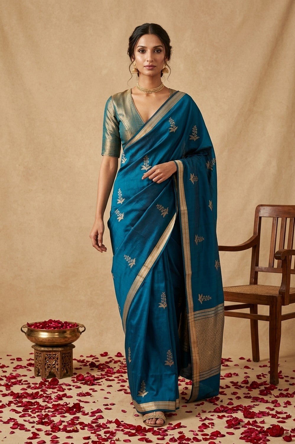 Ganga Ghat ~ Banarasi Pure Handloom Silk Saree with Elegant Silver Zari Buta and Borders In Peacock Blue - verymuchindian.com