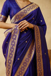 Ganga Ghat ~ Banarasi Pure Handloom Silk Saree with Ornate Gold Zari Border and Traditional Butti Work In Royal Blue - verymuchindian.com