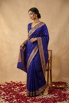 Ganga Ghat ~ Banarasi Pure Handloom Silk Saree with Ornate Gold Zari Border and Traditional Butti Work In Royal Blue - verymuchindian.com