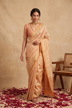 Ganga Ghat ~ Banarasi Pure Katan silk Saree In Peach Pastel - verymuchindian.com