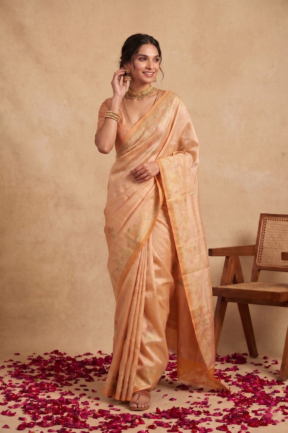 Ganga Ghat ~ Banarasi Pure Katan silk Saree In Peach Pastel - verymuchindian.com