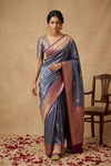 Ganga Ghat ~ Banarasi Pure Katan Silk Saree with Contrast Purple Border and Traditional Gold Zari Weave In Greyish Blue - verymuchindian.com
