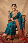 Ganga Ghat ~ Banarasi Pure Katan Silk Saree with Contrast Red Border In Teal Blue - verymuchindian.com