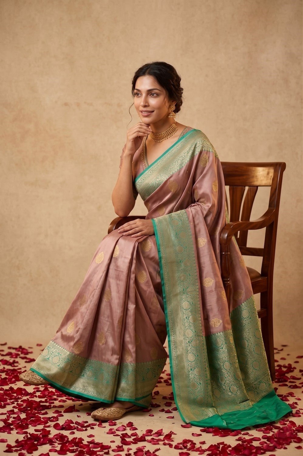 Ganga Ghat ~ Banarasi Pure Katan Silk Saree with Contrast Sea Green Border In Mauve - verymuchindian.com