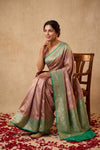 Ganga Ghat ~ Banarasi Pure Katan Silk Saree with Contrast Sea Green Border In Mauve - verymuchindian.com