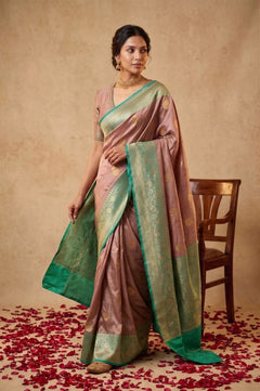 Ganga Ghat ~ Banarasi Pure Katan Silk Saree with Contrast Sea Green Border In Mauve - verymuchindian.com