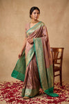 Ganga Ghat ~ Banarasi Pure Katan Silk Saree with Contrast Sea Green Border In Mauve - verymuchindian.com