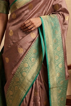 Ganga Ghat ~ Banarasi Pure Katan Silk Saree with Contrast Sea Green Border In Mauve - verymuchindian.com