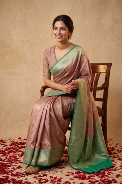 Ganga Ghat ~ Banarasi Pure Katan Silk Saree with Contrast Sea Green Border In Mauve - verymuchindian.com