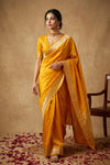 Ganga Ghat ~ Banarasi Pure Katan Silk Saree with Ornate Gold Zari Border and Floral Weave Detail In Mustard Yellow - verymuchindian.com