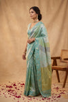Ganga Ghat ~ Banarasi Pure Katan Silk Saree with Rangkath InMulticolor Sea Green - verymuchindian.com