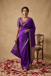 Ganga Ghat ~ Banarasi Pure Katan Silk Saree with Traditional Gold Zari Border and Small Butti Work In Royal Purple - verymuchindian.com