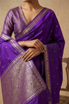 Ganga Ghat ~ Banarasi Pure Katan Silk Saree with Traditional Gold Zari Border and Small Butti Work In Royal Purple - verymuchindian.com