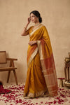 Ganga Ghat ~ Banarasi Pure Organza Saree with Elegant Gold Zari Border In Dual - Tone Mustard Yellow and Terracotta - verymuchindian.com