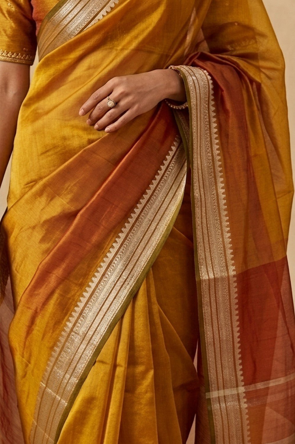 Ganga Ghat ~ Banarasi Pure Organza Saree with Elegant Gold Zari Border In Dual - Tone Mustard Yellow and Terracotta - verymuchindian.com