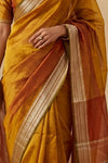 Ganga Ghat ~ Banarasi Pure Organza Saree with Elegant Gold Zari Border In Dual - Tone Mustard Yellow and Terracotta - verymuchindian.com