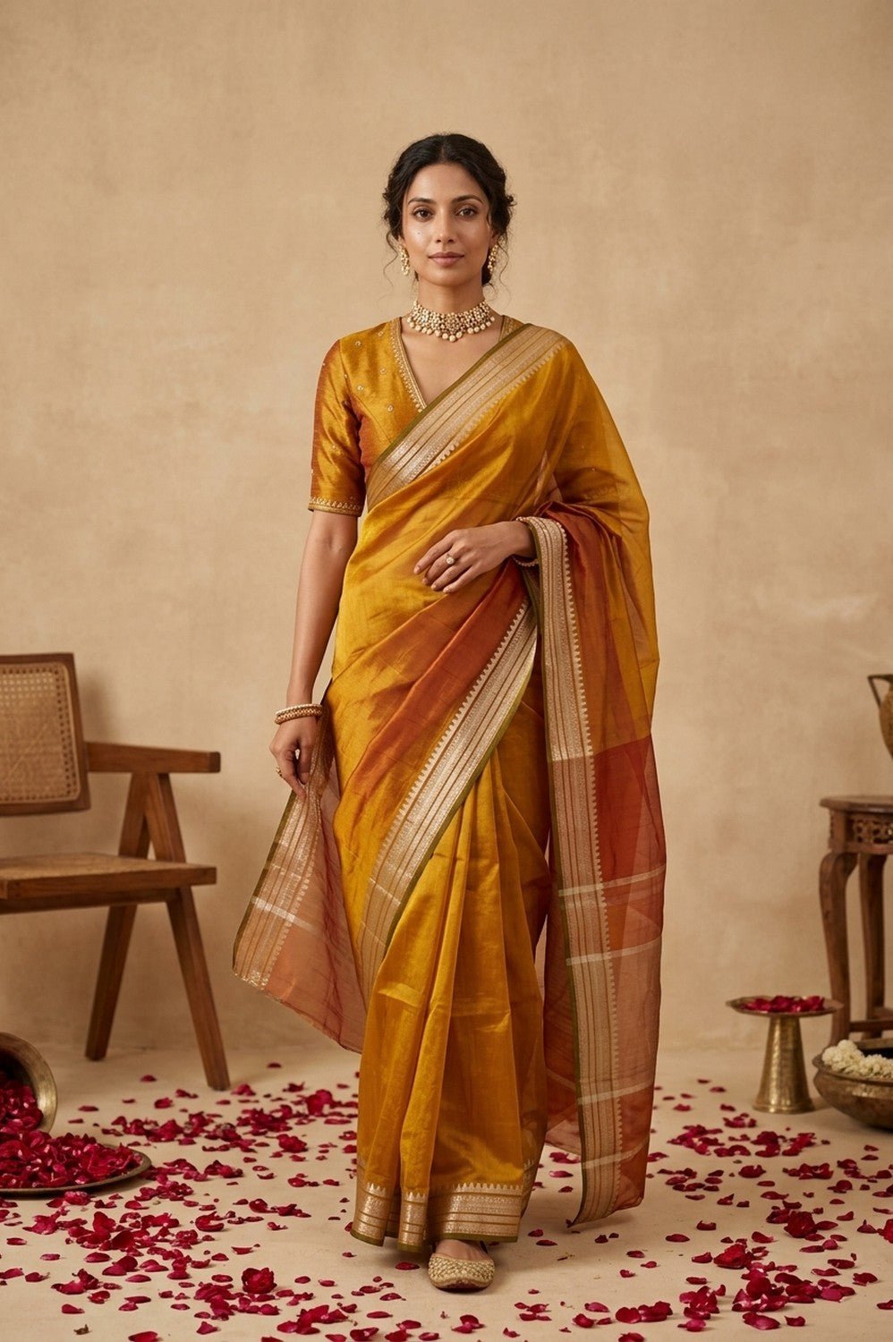 Ganga Ghat ~ Banarasi Pure Organza Saree with Elegant Gold Zari Border In Dual - Tone Mustard Yellow and Terracotta - verymuchindian.com