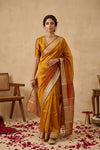Ganga Ghat ~ Banarasi Pure Organza Saree with Elegant Gold Zari Border In Dual - Tone Mustard Yellow and Terracotta - verymuchindian.com
