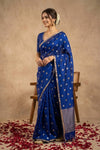 Ganga Ghat ~ Banarasi Pure Organza Saree with Silver Zari Floral Butti and Ornate Border Detail Royal Blue - verymuchindian.com
