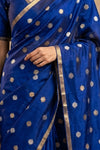 Ganga Ghat ~ Banarasi Pure Organza Saree with Silver Zari Floral Butti and Ornate Border Detail Royal Blue - verymuchindian.com