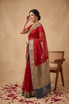 Ganga Ghat ~ Banarasi Pure Organza Silk Saree with Contrast Blue Border In Crimson Red - verymuchindian.com