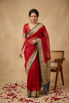 Ganga Ghat ~ Banarasi Pure Organza Silk Saree with Contrast Blue Border In Crimson Red - verymuchindian.com