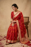 Ganga Ghat ~ Banarasi Pure Organza Silk Saree with Gold Zari Border and Floral Butti Work In Red Leheriya - verymuchindian.com