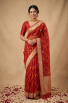 Ganga Ghat ~ Banarasi Pure Organza Silk Saree with Gold Zari Border and Floral Butti Work In Red Leheriya - verymuchindian.com