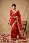 Ganga Ghat ~ Banarasi Pure Organza Silk Saree with Gold Zari Border and Floral Butti Work In Red Leheriya - verymuchindian.com