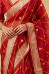 Ganga Ghat ~ Banarasi Pure Organza Silk Saree with Gold Zari Border and Floral Butti Work In Red Leheriya - verymuchindian.com