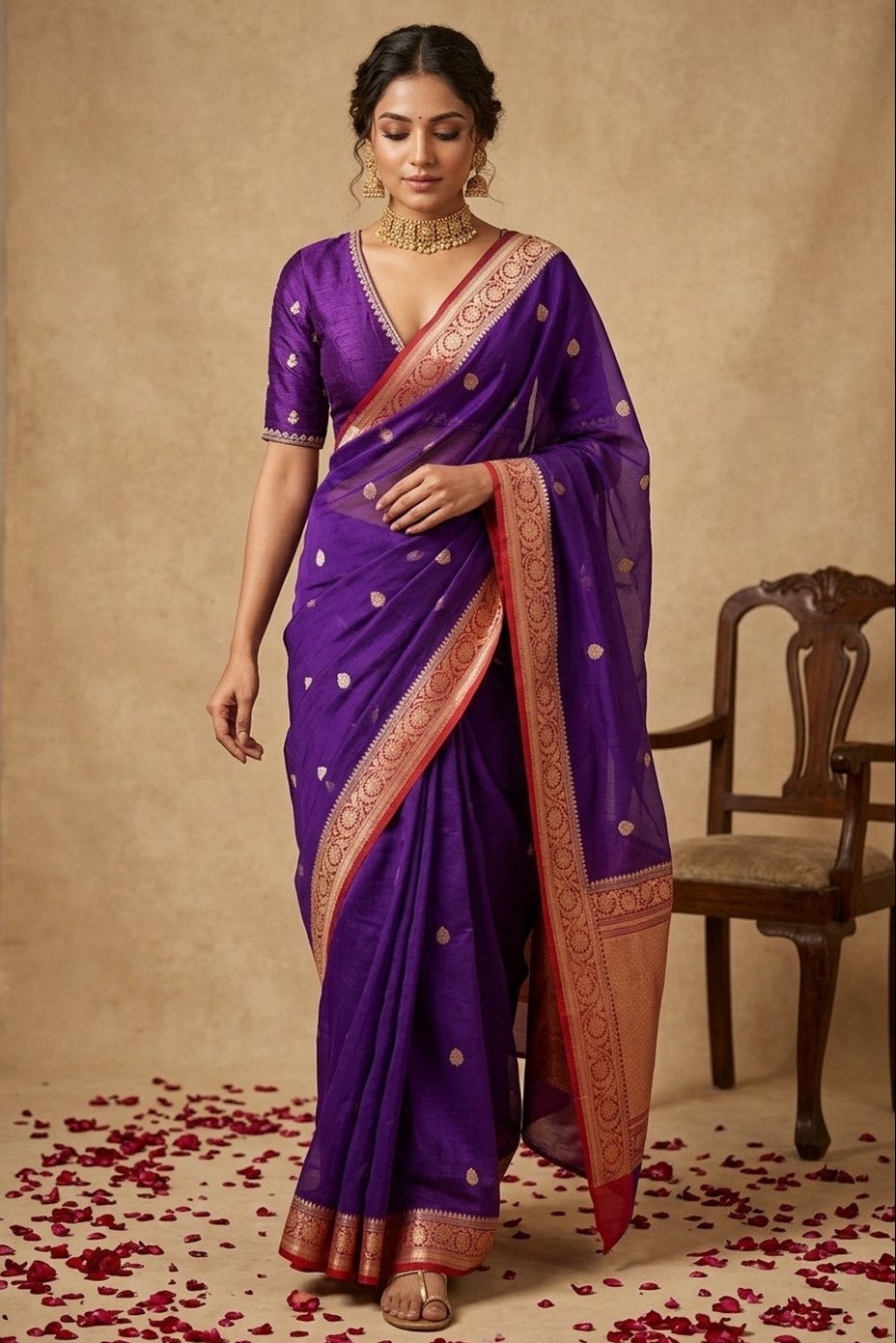 Ganga Ghat ~ Banarasi Pure Organza Silk Saree with Gold Zari In Royal Purple - verymuchindian.com