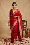 Ganga Ghat ~ Banarasi Pure Raw Mango Silk Saree with Traditional Gold Zari Border and Small Butti Work In Crimson Red - verymuchindian.com