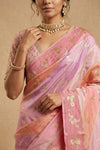 Ganga Ghat ~ Banarasi Pure Raw Silk Saree with Gold Zari Stripes and Floral In Multi - Tone Pastel Pink and Peach - verymuchindian.com