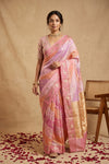 Ganga Ghat ~ Banarasi Pure Raw Silk Saree with Gold Zari Stripes and Floral In Multi - Tone Pastel Pink and Peach - verymuchindian.com