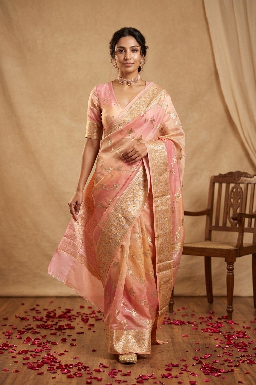Ganga Ghat ~ Banarasi Pure Raw Silk Saree with Ornate Gold Zari Border and Floral Weave Detail In Dual - Tone Blush Pink and Peach - verymuchindian.com